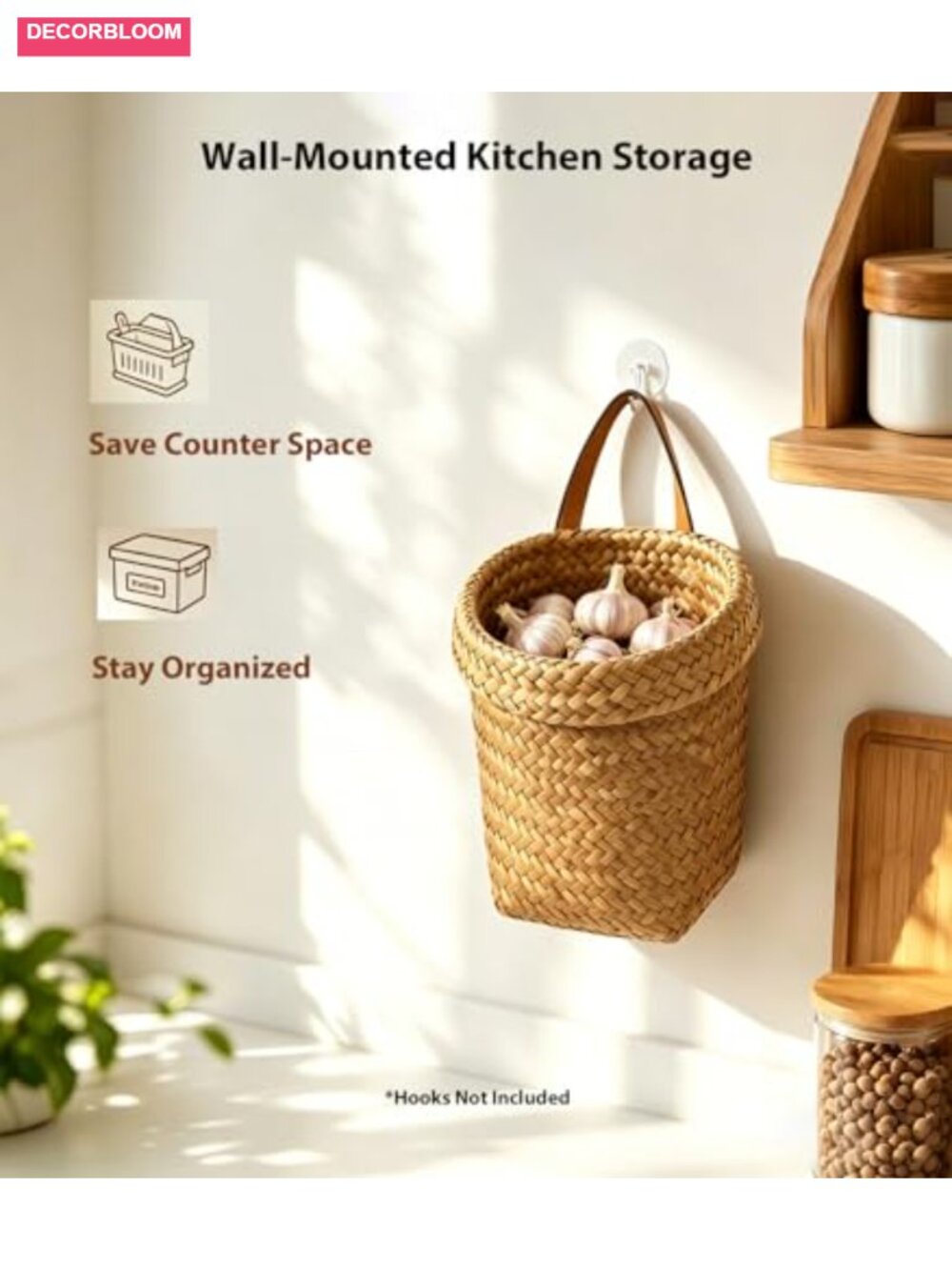 Natural Seagrass Wall Hanging Storage Basket with Leather Handle - Picture 4 of 6